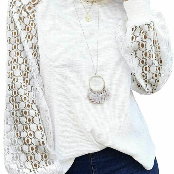 Women Long Sleeve Tops Lace Casual Loose Blouses T Shirts Round Neck Stitching - Picture 4 of 8